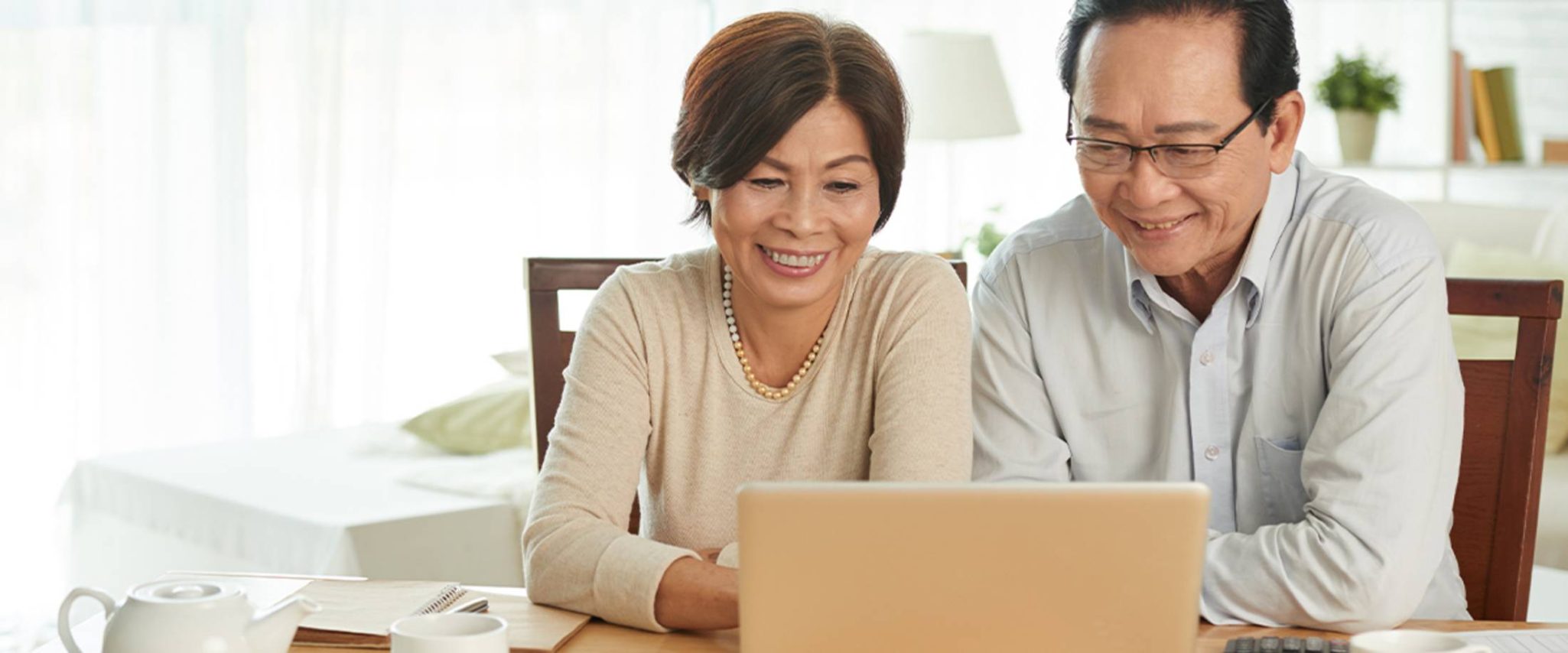 Senior couple looking at laptop