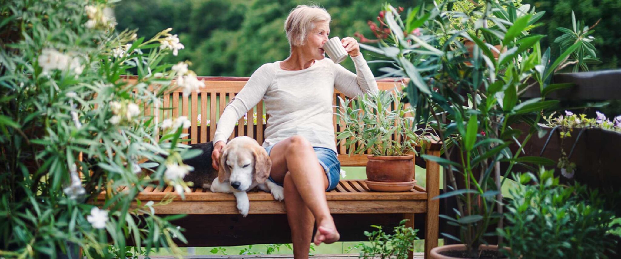 senior woman pets her dog while sitting on a bench in her senior living community