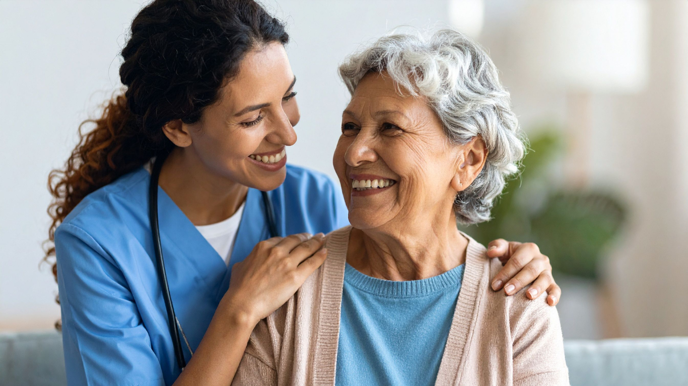 Senior woman smiling at healthcare worker