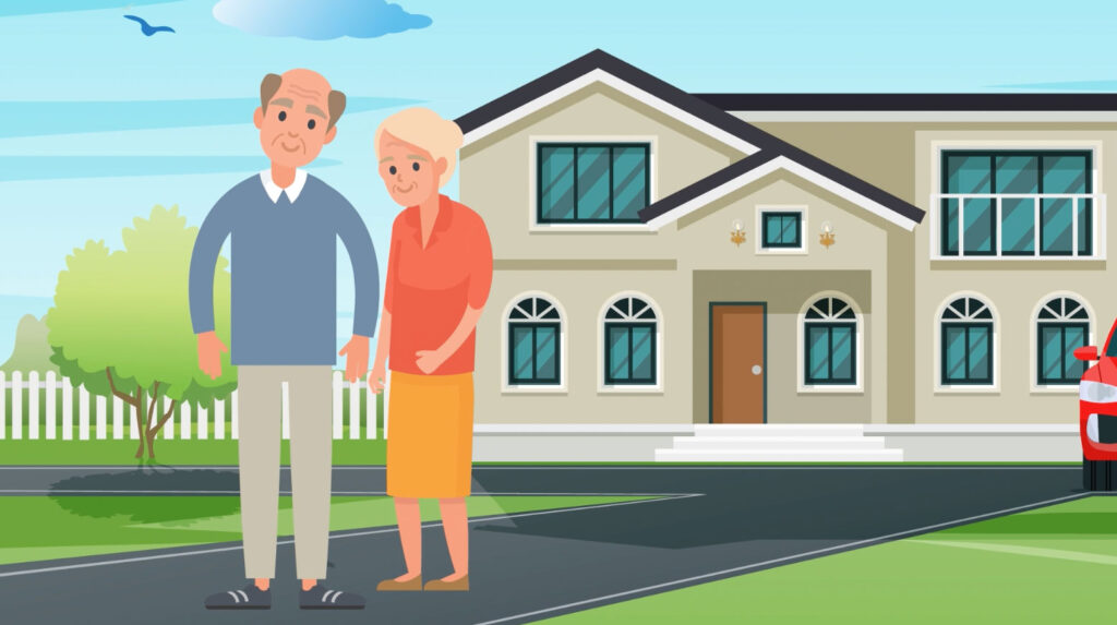 A still shot of the animated health services video with an elderly man and elderly woman standing in front of a large home