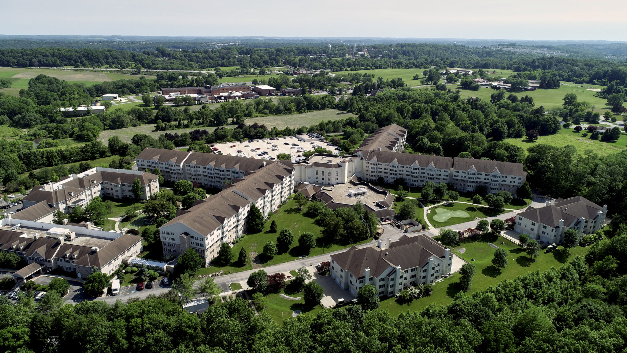 A flyover view of the Freedom Village at Brandywine senior living campus