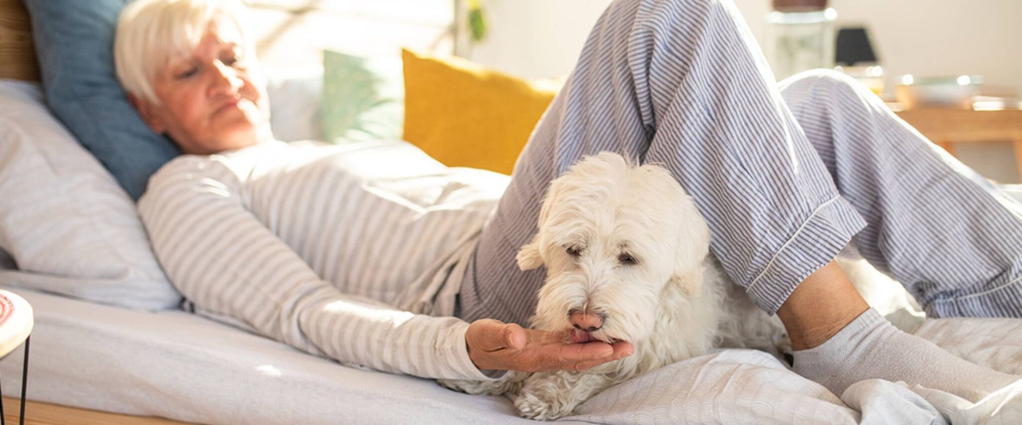 Woman enjoying her dog companion in senior living apartment.